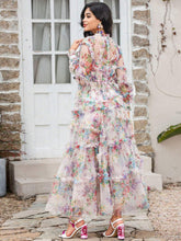 Lapel Lantern Sleeve Ruffled Heavy Mesh Printed Waist Cinching Puffy Swing Long Gown Dresses